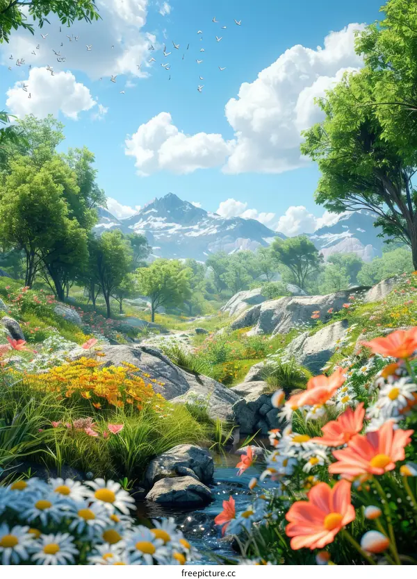 Majestic Rocky Mountain Landscape with Flowers and Stream