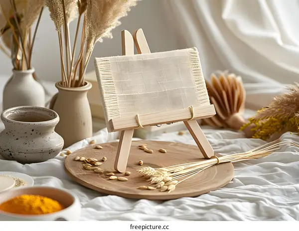 Wooden Easel with Blank Canvas and Dried Flowers
