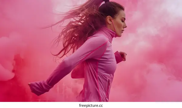 Young woman running in a cloud of pink smoke