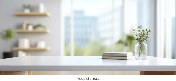 Modern Minimalist Workspace Background with Books and Plants
