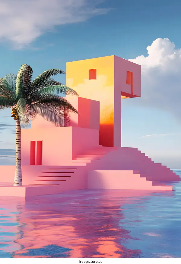 Minimalist Pink and Yellow House on the Beach with Palm Tree