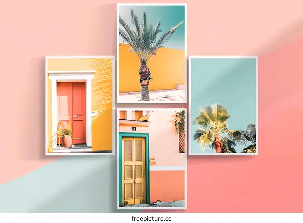 Collage of Colorful Buildings and Palm Trees