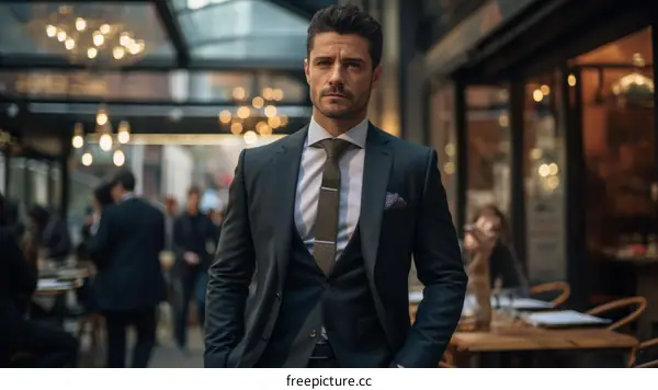 A man in a suit standing in a restaurant looking at the camera