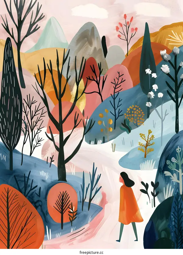 Woman Walking Through a Colorful Forest