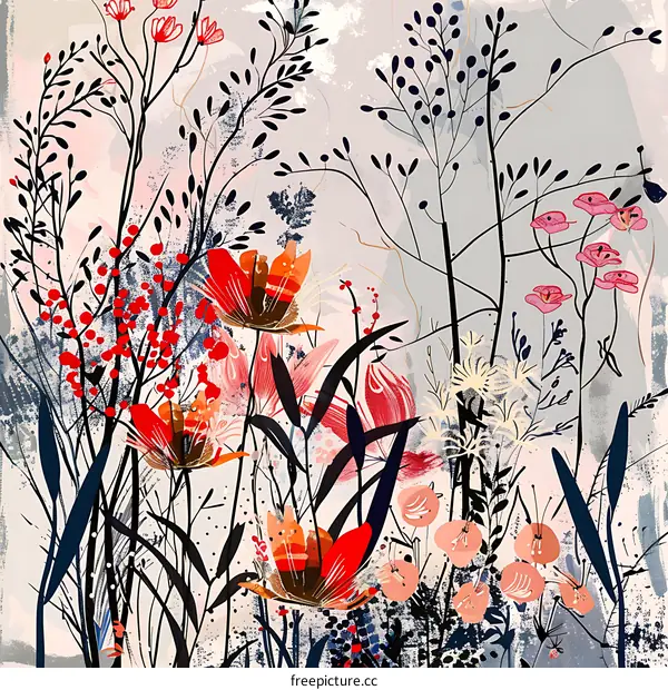 Abstract Floral Art with Red Flowers and Black Branches