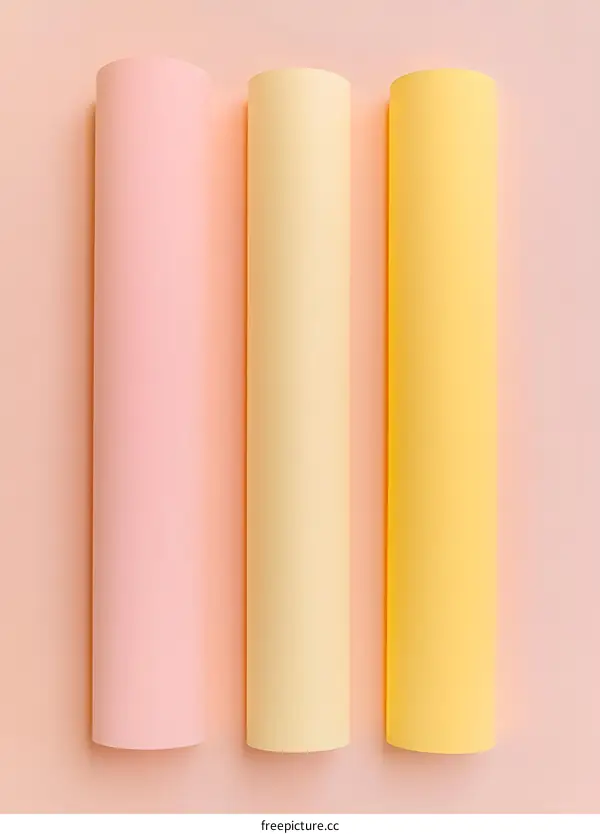 Three Rolls of Pastel Colored Paper on Pink Background
