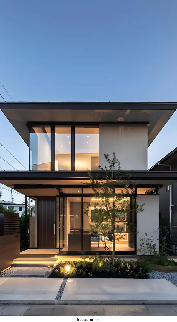 Modern Japanese House Exterior with Large Windows and Minimalist Design