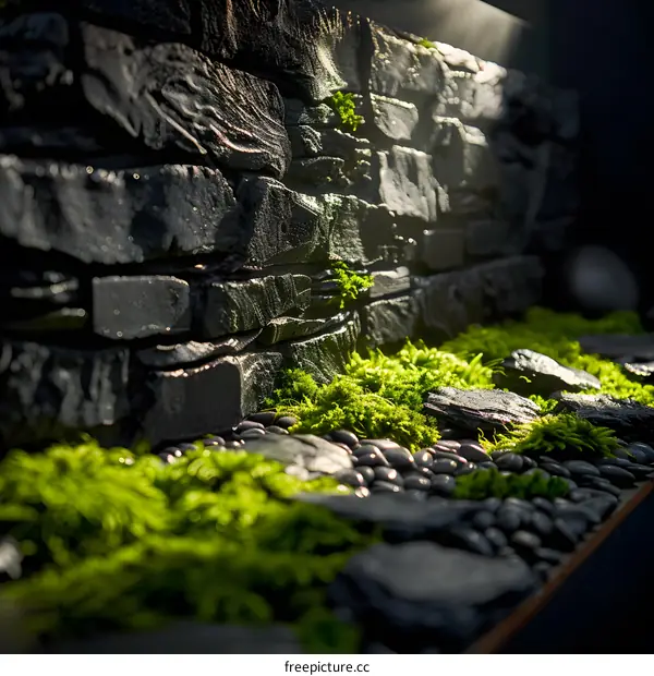 Closeup of a Stone Wall Covered in Moss