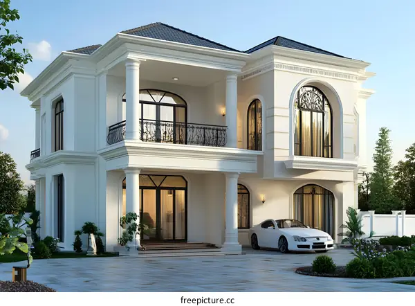 Luxury White Modern House with Black Windows and Balcony