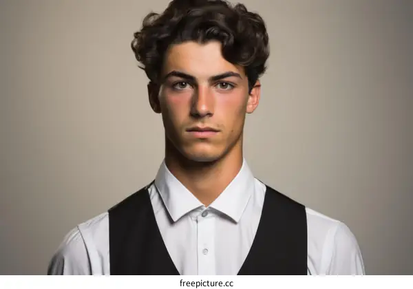 Headshot of a young man with dark hair and light eyes wearing a white shirt and black vest