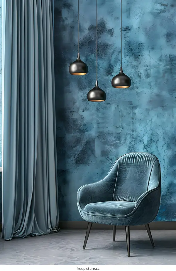 Blue Velvet Chair and Textured Wall with Pendant Lights