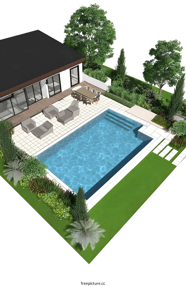 Modern Backyard Design with Swimming Pool and Landscaping