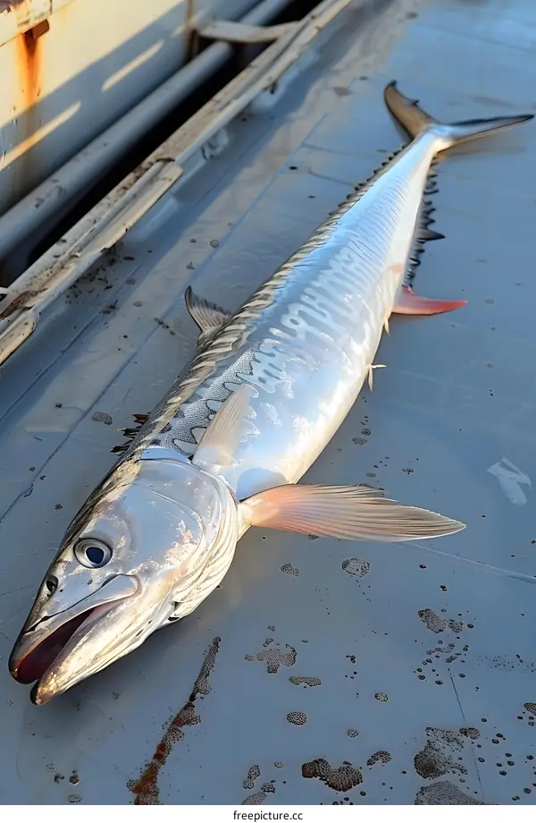 A large fish is lying on the deck of a boat.