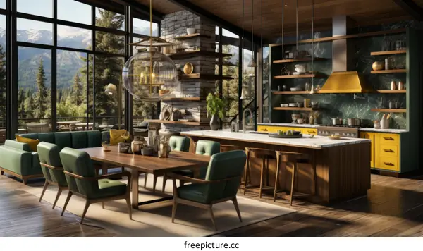 Modern mountain home interior living room kitchen dining room