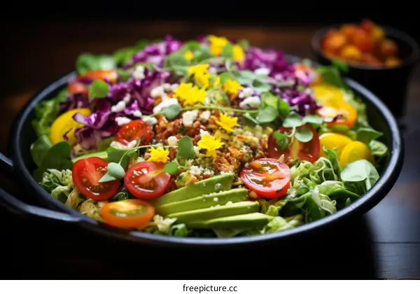 Colorful Avocado Salad with Cherry Tomatoes, Red Cabbage, and Sprouts
