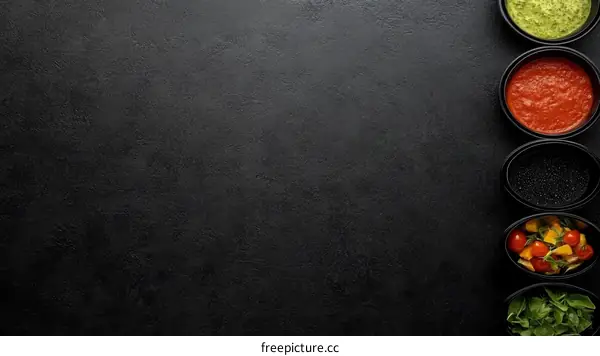 Various Sauces and Condiments on Black Surface