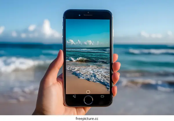 Hand Holding Smartphone Capturing Beach View