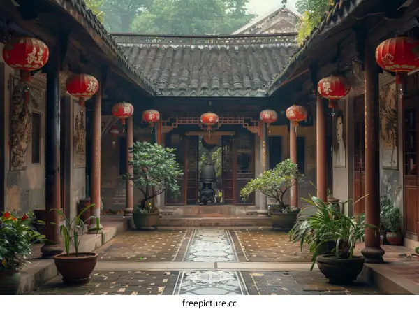 Traditional Chinese Courtyard House with Red Lanterns and Potted Plants