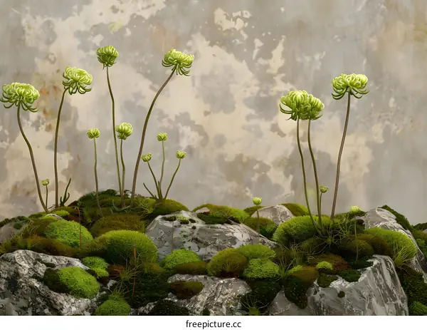 Green Flowers Growing on Rocks and Moss