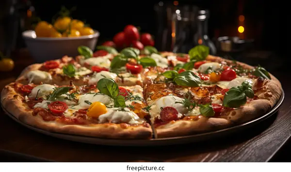 A delicious pizza with tomatoes, basil, and cheese