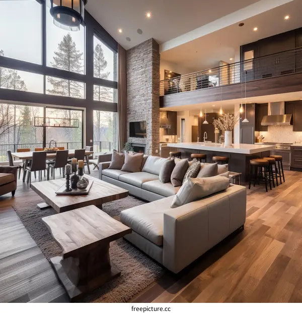 Modern House Interior Living Room with Large Windows and Wood Table