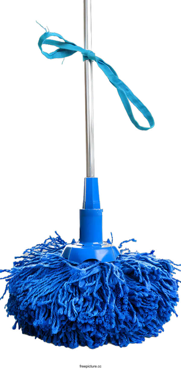 [Transparent Background PNG]Blue Mop Head With Metal Handle And Blue Ribbon