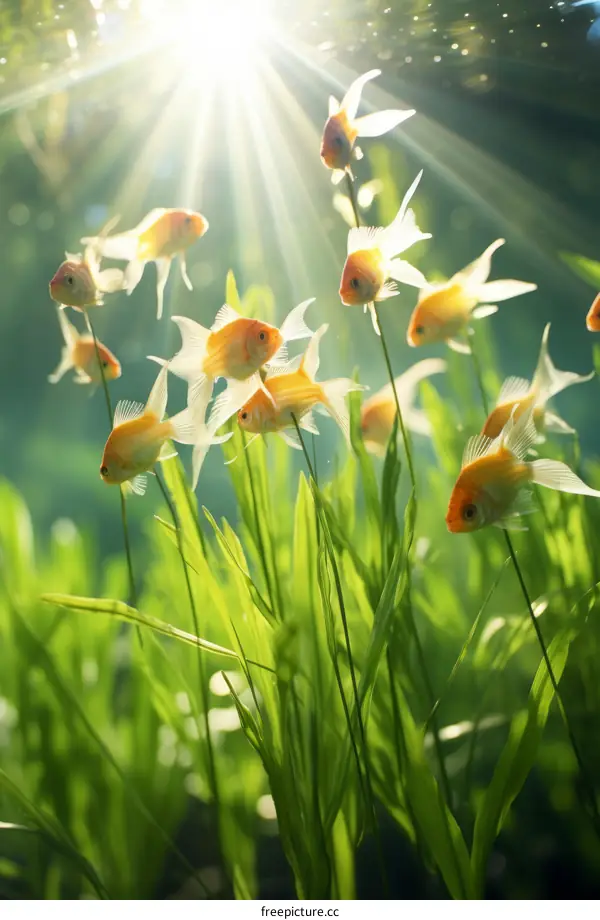 Goldfish swimming in a pond with green plants