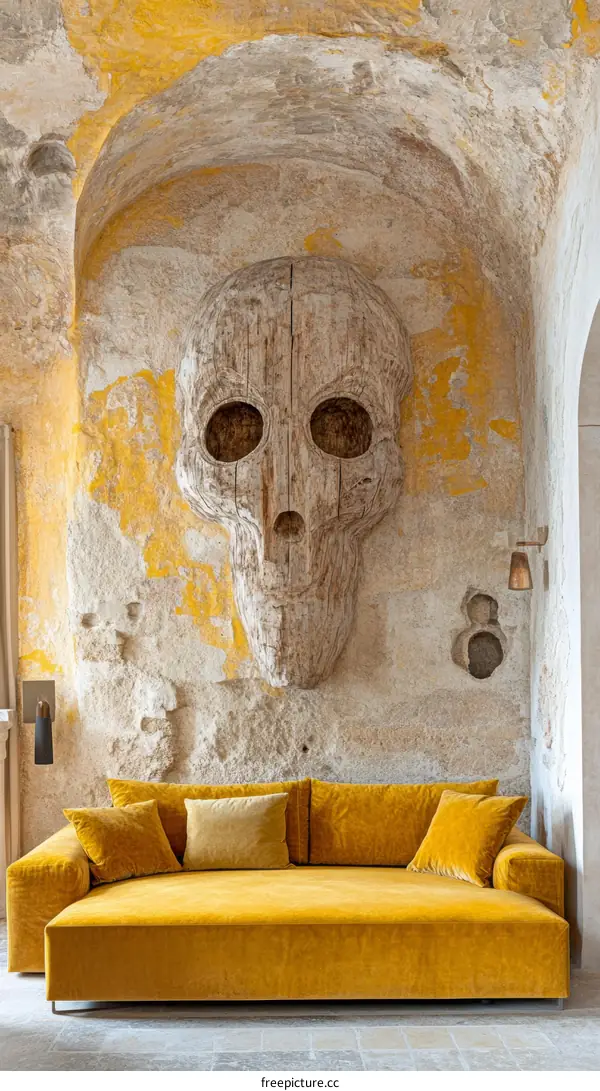 Rustic Living Room with Mustard Sofa and Artistic Skull