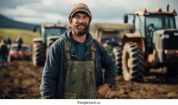 A farmer standing in a field of tractors
