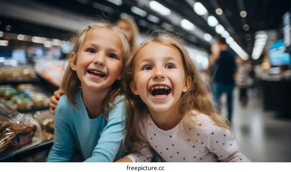 Two happy little girls in a supermarket