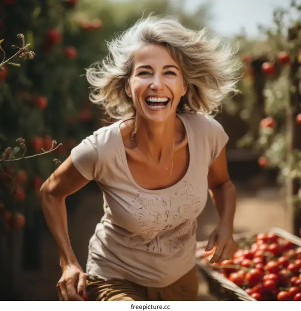 Happy woman harvesting tomatoes in a field