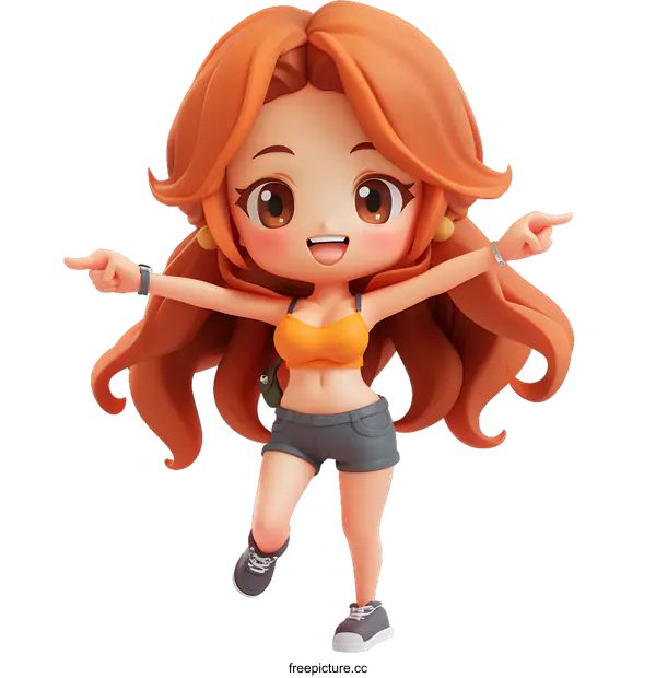 [Transparent Background PNG]A cute anime girl with long orange hair and brown eyes in an orange crop top and gray shorts posing with her arms outstretched