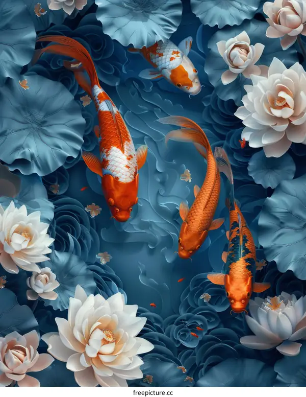 Four koi fish swimming in a pond with blue water lilies