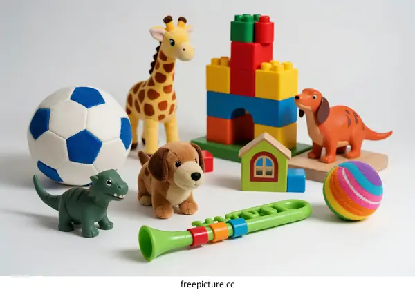 Assortment of colorful toys including blocks, animals, ball and flute