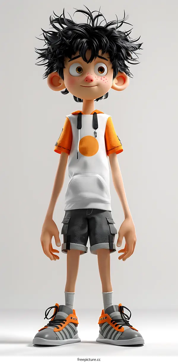 3D rendering of a young boy with black hair and freckles wearing a white and orange hoodie and gray shorts