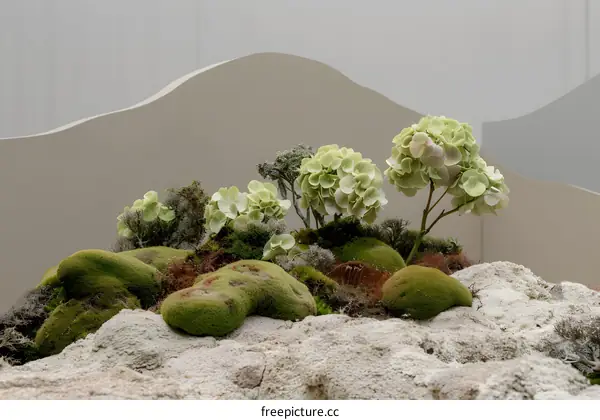 Green and White Floral Arrangement on a Sandy Surface