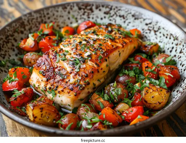 Roasted Salmon with Potatoes, Tomatoes, and Parsley