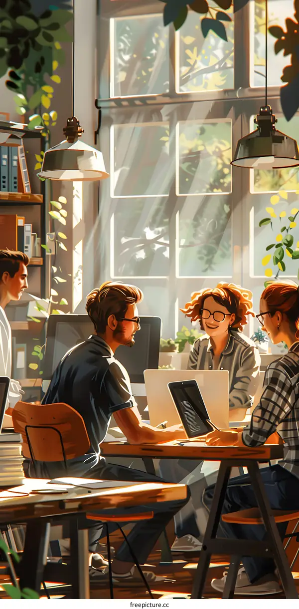 Four people in a bright room with plants
