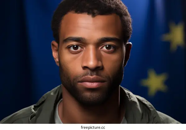 Portrait of a young African-American man with short hair and a beard against a blue background with yellow stars