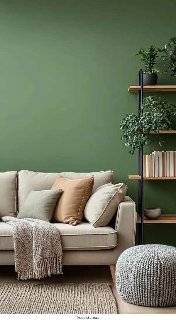Modern Living Room with Green Wall and Cozy Sofa