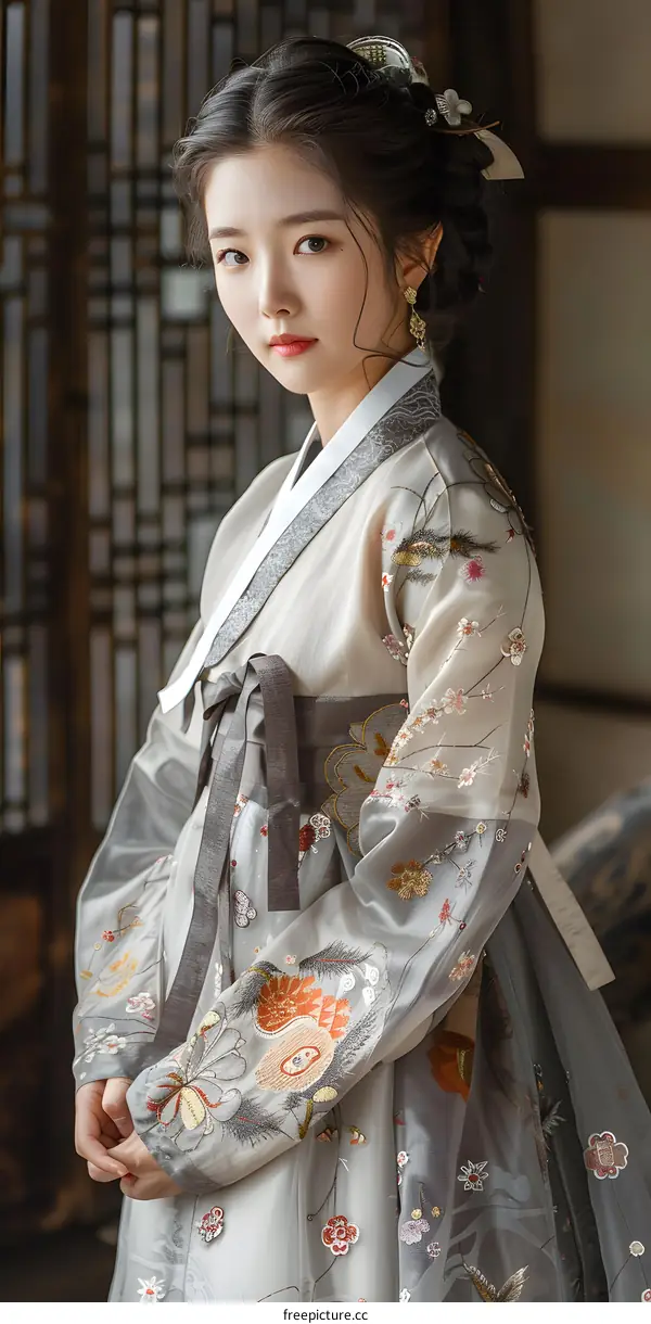 Portrait of a young woman in a traditional Korean hanbok dress
