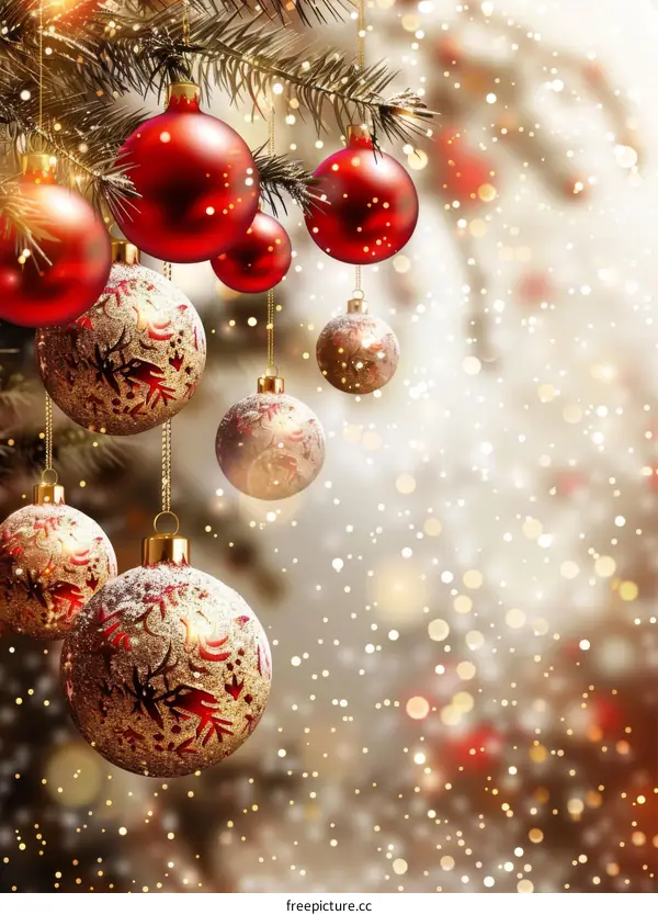 Christmas ornaments hanging on a Christmas tree with blurred lights in the background