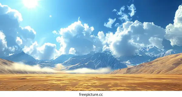 Large sand dunes in a vast desert landscape with snow capped mountains in the distance