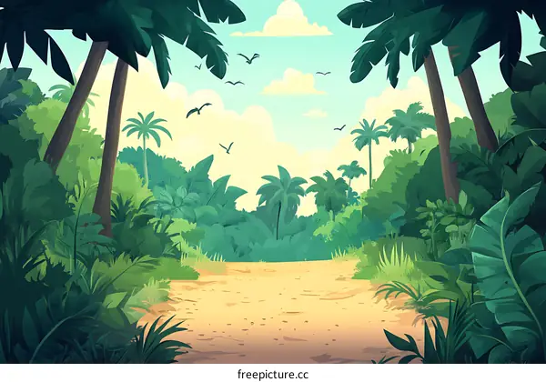 Tropical Rainforest Jungle Landscape With Palm Trees and Lush Foliage