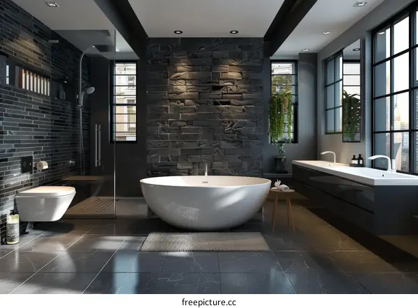 Modern Dark Gray Bathroom Design with Stone Wall