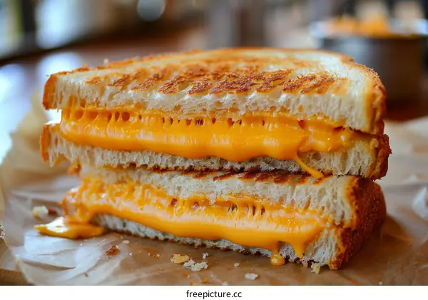 A grilled cheese sandwich cut in half with melted cheese oozing out
