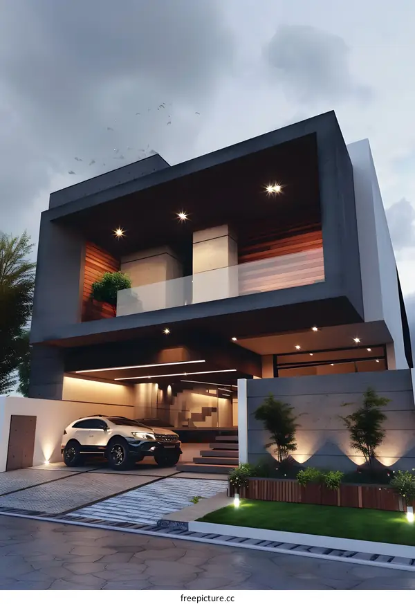 Modern House Design with Car and Backyard