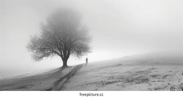 Black and white photo of a lonely person walking towards a large tree in the middle of a snowy field