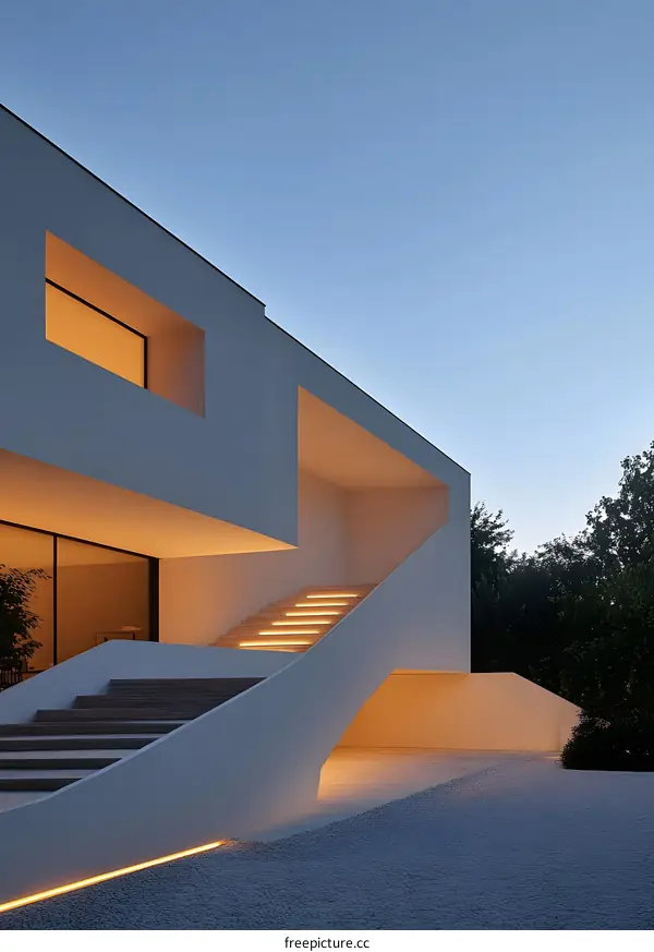 Modern White House Exterior with Illuminated Staircase at Dusk