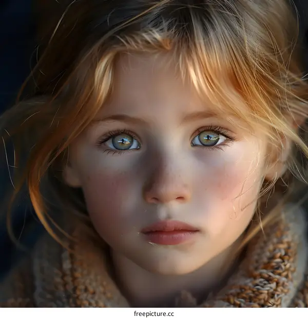 A close-up portrait of a blonde girl with green eyes